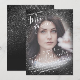 Elegante zwarte sprankelende glitterfoto Quinceañe Kaart