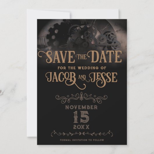 Elegante zwarte Steampunk Save The Date (Voorkant)