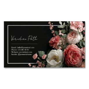 Elegante Zwarte Stof Rose Pioen Bloemig Magnetisch Visitekaartje