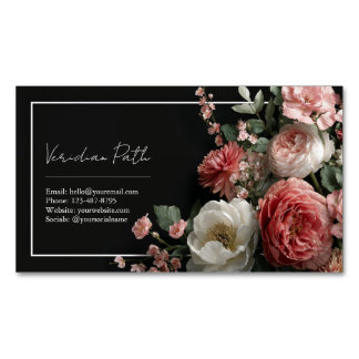 Elegante Zwarte Stof Rose Pioen Bloemig Magnetisch Visitekaartje