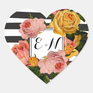 Elegante Zwarte Streep Erfgoedrozen Huwelijk Hart Sticker