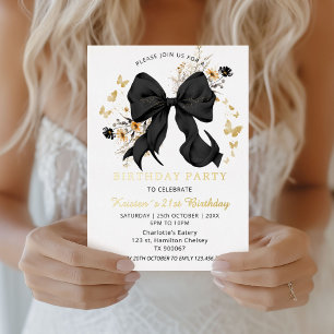 Elegante Zwarte Strik Wilde Bloemen Uitnodiging Go