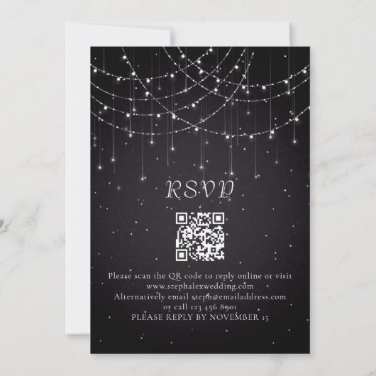 Elegante zwarte string lichten QR code bruiloft Kaart (Achterkant)