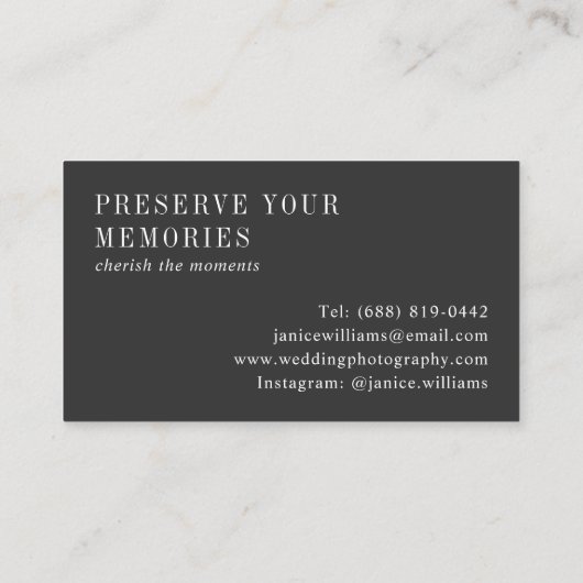 Elegante zwarte trouwfotografie modern minimaal visitekaartje (Achterkant)