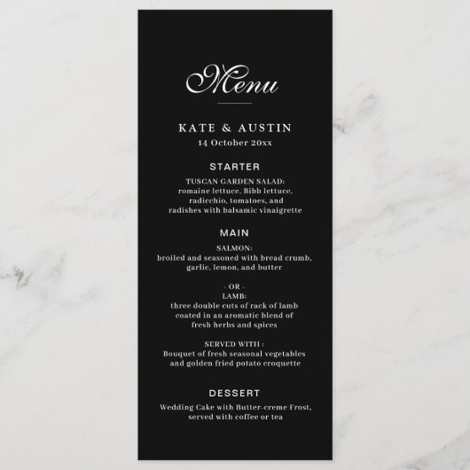 elegante zwarte trouwmenukaart menu (Voorkant)