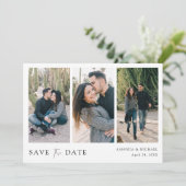 Elegante Zwarte Typografie Drie Foto Bruiloft Save The Date (Staand voorkant)