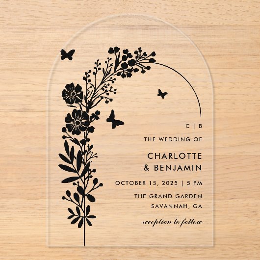 Elegante zwarte vlinder botanische bruiloft acryl uitnodigingen (Voorkant)