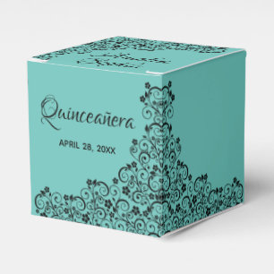 Elegante zwarte werveling op Blue Quinceañera Bedankdoosjes