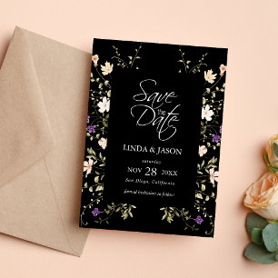 Elegante Zwarte Wilde Bloemen Trouwkaart Save The  Kaart