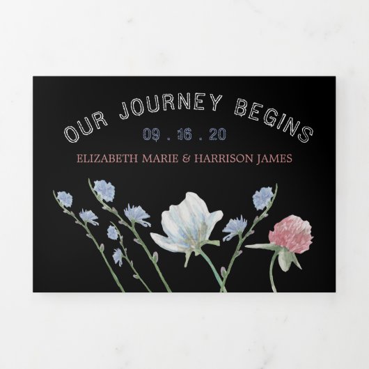 Elegante zwarte, Wildflower bruiloft suite Drieluik Uitnodiging (Cover)