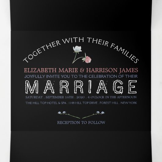 Elegante zwarte, Wildflower bruiloft suite Drieluik Uitnodiging (Binnenkant midden)