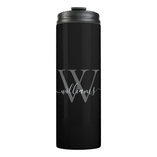 Elegante Zwarte Witte Aangepaste Monogram Script N Thermosbeker (Voorkant)