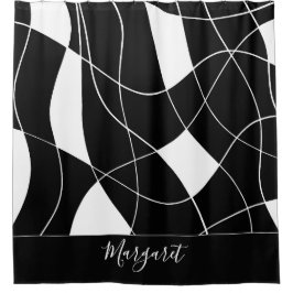Elegante zwarte & witte abstracte monogramnaam douchegordijn