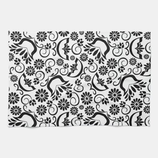 Elegante zwarte witte bloemen handdoek (Horizontaal)