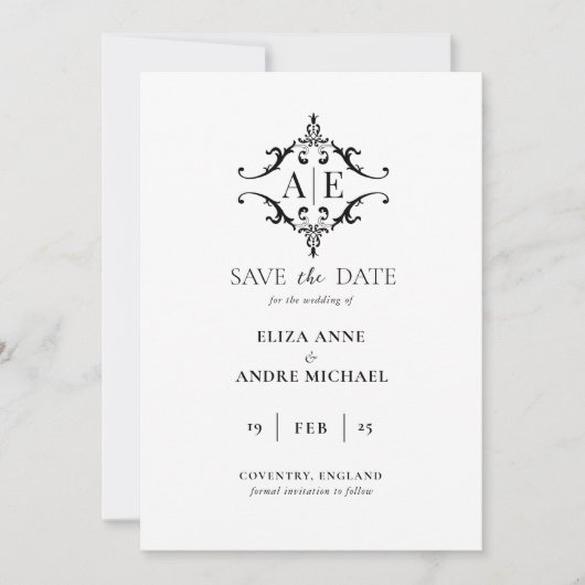Elegante zwarte & witte crest monogram bruiloft  save the date (Voorkant)