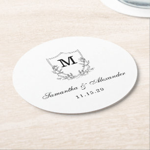 Elegante Zwarte & Witte Crest Ronde Kartonnen Onderzetter