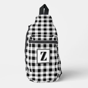 Elegante zwarte witte geruite monogram op maat gem sling bag