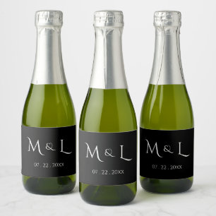 Elegante zwarte witte monogram & datum bruiloft sparkling wijnetiket