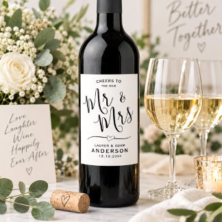 Elegante zwarte & witte Mr&Mrs Script-huwelijkseti Wijn Etiket