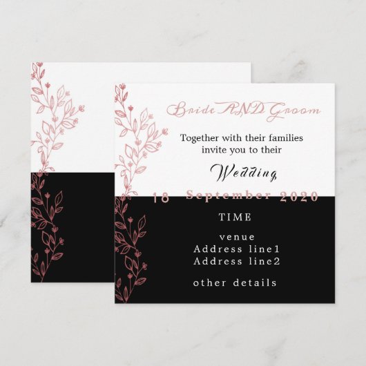 elegante zwarte witte roze bruiloft kaart (Voorkant / Achterkant)