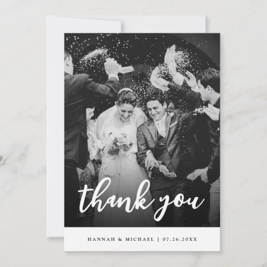 Elegante Zwarte & Witte Script Foto Bruiloft Bedankkaart (Voorkant)