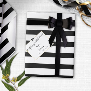 Elegante Zwarte Witte Streep Gouden Lijst Trouwcad Cadeaupapier