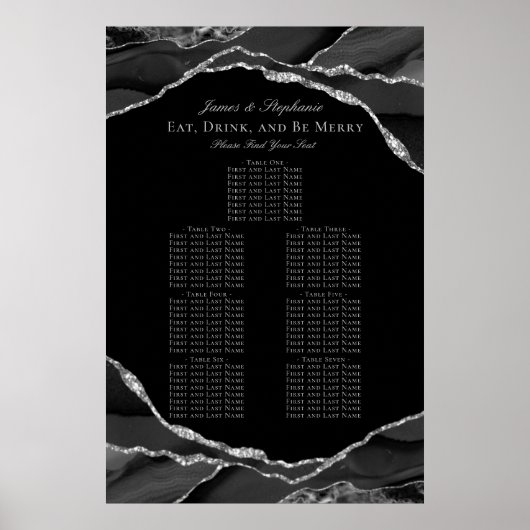 Elegante zwarte zilveren agaat trouw zitplaatskaar poster (Voorkant)