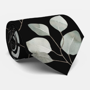 Elegante Zwarte Zilveren Dollar Eucalyptus Bruilof Stropdas
