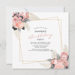 Élégantes Fleurs Roses Et Invitation D'anniversair