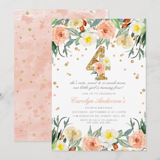 Elégantes Floral Girls 4e anniversaire Invitations (Devant / Derrière)