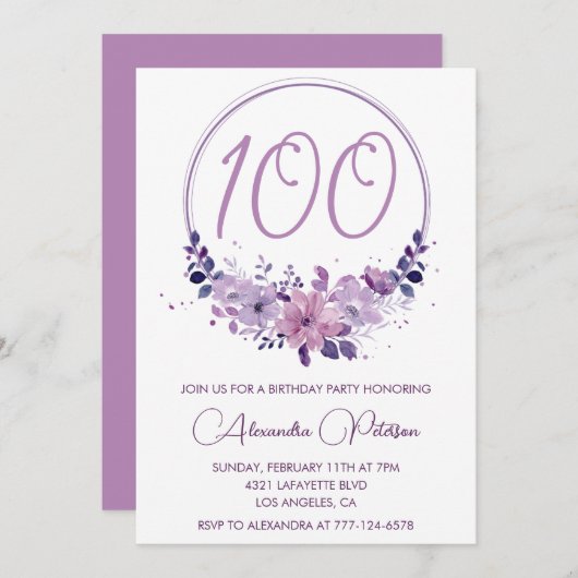 Élégantes invitations à 100e anniversaire Floral P (Devant / Derrière)