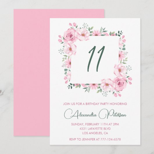 Élégantes invitations à 11e anniversaire Floral Pi (Devant / Derrière)