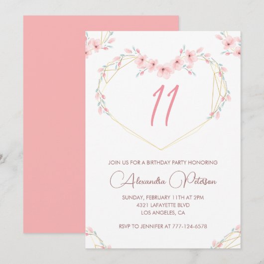 Élégantes invitations à 11e anniversaire Pink Flor (Devant / Derrière)