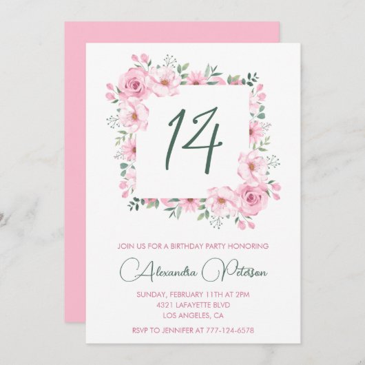 Élégantes invitations à 14e anniversaire Floral Pi (Devant / Derrière)