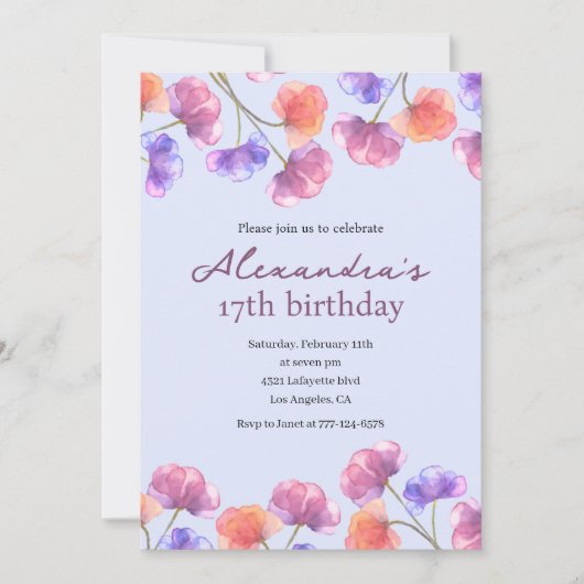 Élégantes invitations à 17e anniversaire Boho Flor (Devant)