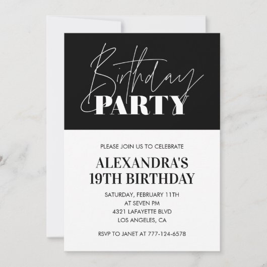 Élégantes invitations à 19e anniversaire Black Whi (Devant)