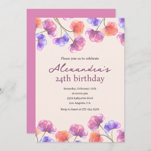 Elégantes invitations à 24e anniversaire Boho Flor (Devant / Derrière)