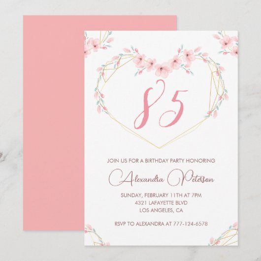 Élégantes invitations à 85e anniversaire Pink Flor (Devant / Derrière)