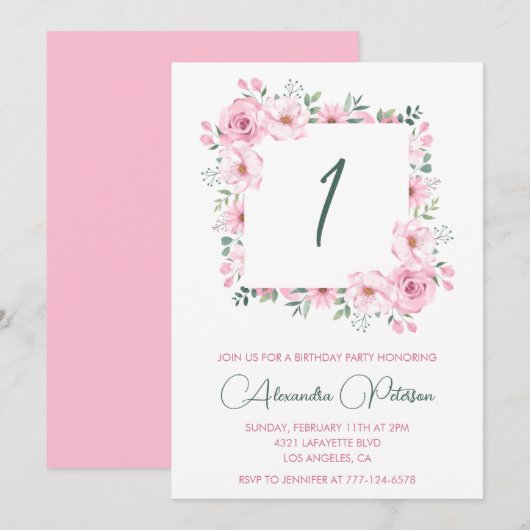 Elégantes invitations de 1er anniversaire Floral P (Devant / Derrière)