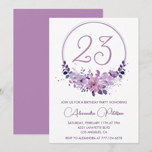 Élégantes invitations de 23e anniversaire Floral P (Devant / Derrière)