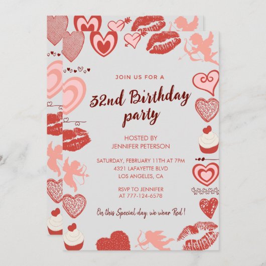 Élégantes invitations de 32e anniversaire Grey Red (Devant / Derrière)