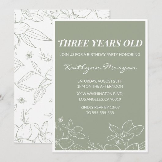Elégantes invitations de 3e anniversaire Floral Gr (Devant / Derrière)