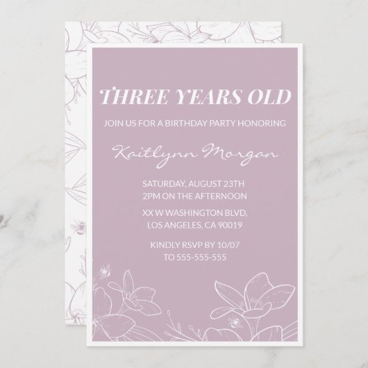 Elégantes invitations de 3ème anniversaire Floral  (Devant / Derrière)