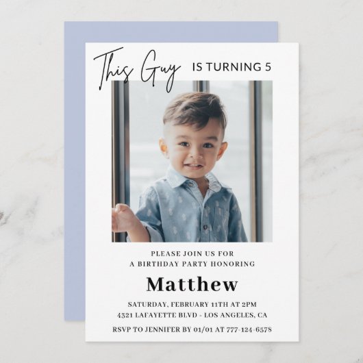 Elégantes invitations de 5e anniversaire Boy Photo (Devant / Derrière)