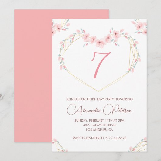 Élégantes invitations de 7e anniversaire Pink Flor (Devant / Derrière)