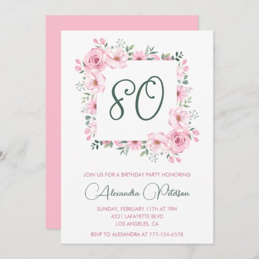 Elégantes invitations de 80e anniversaire Floral P (Devant / Derrière)