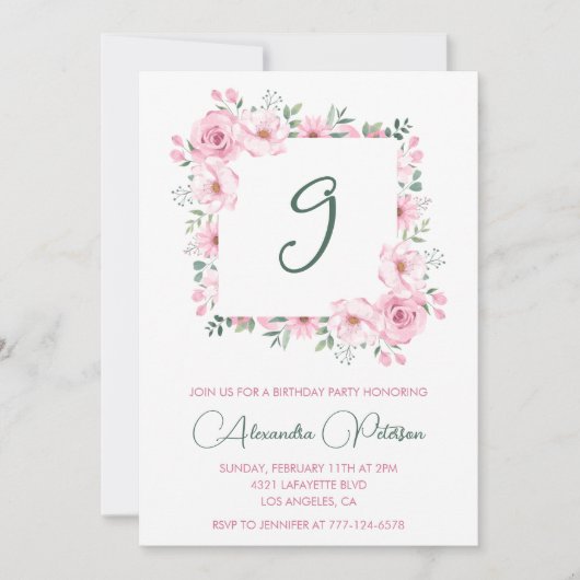 Elégantes invitations de 9e anniversaire Floral Pi (Devant)