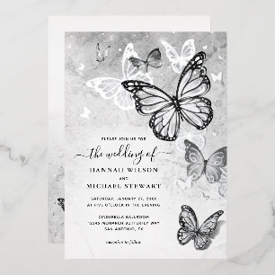 Élégantes invitations de mariage papillon en argen