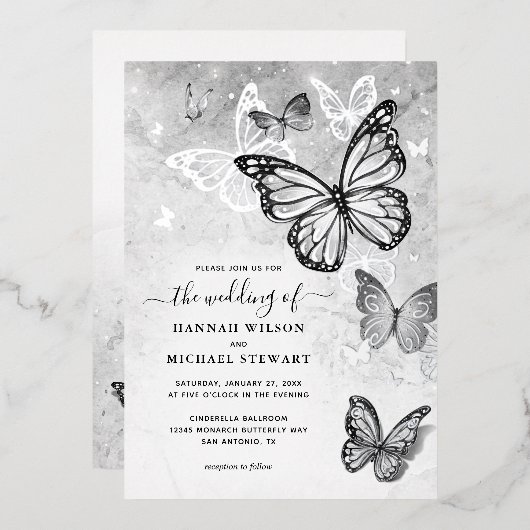 Élégantes invitations de mariage papillon en argen (Recto/Verso)