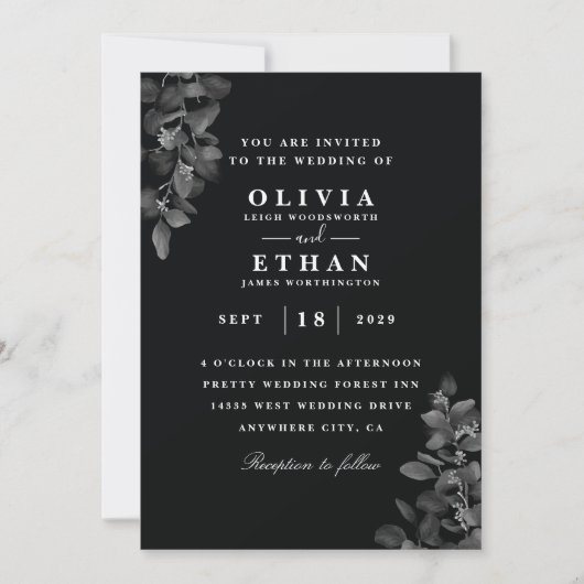 Elégantes invitations noires de mariage (Devant)